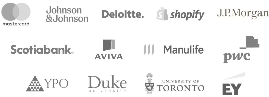 Logos Andrea has worked with including mastercard, Johnson & Johnson, Deloitte, Shopify, JP Morgan, BMO, Scotiabank, Duke University, University of Toronto, YPO, pwc, and EY